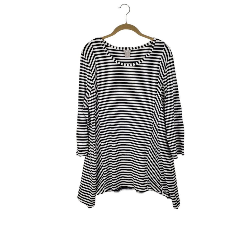 Chicos Mixed Stripe Tunic 3/4 Sleeve Black White Chicos Size 2 Size Large